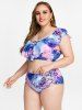Maillot de Bain Tankini Croisé Superposé à Imprimé Serpent à Taille Haute de Grande Taille à Volants - Multi 4X