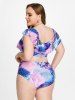 Maillot de Bain Tankini Croisé Superposé à Imprimé Serpent à Taille Haute de Grande Taille à Volants - Multi 4X