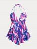 Swirl Print Open Back Halter Plunge Plus Size & Curve Tankini Swimsuit -  