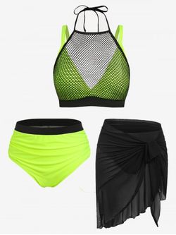 Fishnet Swim Top and Neon Briefs and Wrap Skirt Cover Up Swimsuit Plus Size Summer Outfit - MULTI