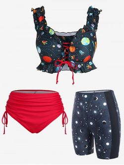 Off Shoulder Planet Top and Cinched Briefs & Boyshorts Tummy Control Swimsuit Plus Size Summer Outfit - RED