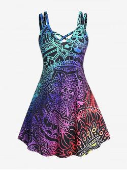 Plus Size & Curve Ethnic Printed Colorblock Crisscross A Line Sleeveless Dress - MULTI - 1X | US 14-16