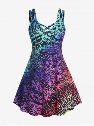 Plus Size & Curve Ethnic Printed Colorblock Crisscross A Line Sleeveless Dress