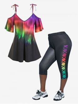 Printed Cold Shoulder Tee and Capri Skinny Leggings Plus Size Summer Outfit - BLACK