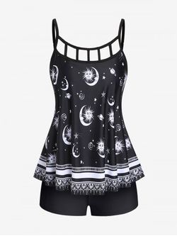 Plus Size & Curve Cutout Sun Moon Print Boyshorts Modest Tankini Swimsuit - BLACK - L