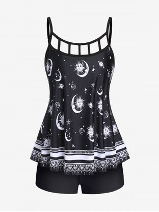 Plus Size & Curve Cutout Sun Moon Print Boyshorts Modest Tankini Swimsuit