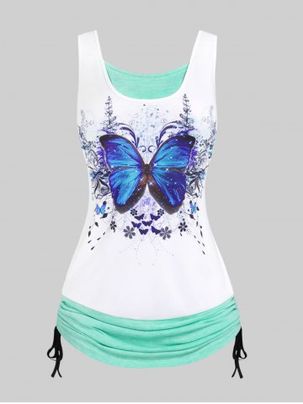 Plus Size & Curve Cinched Butterfly Print 2 in 1 Tank Top