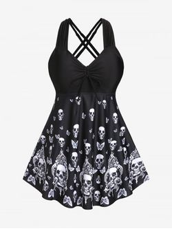 Plus Size & Curve Gothic Skull Butterfly Print Crisscross Swim Dress - BLACK - 2X