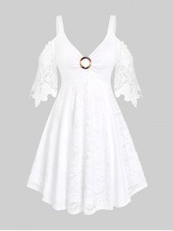Plus Size & Curve Solid Lace Panel Cold Shoulder A Line Dress - WHITE - M | US 10