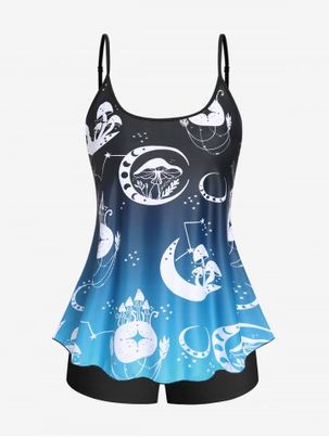 Plus Size & Curve Moon Mushroom Print Boyshorts High Waist Tankini Swimsuit