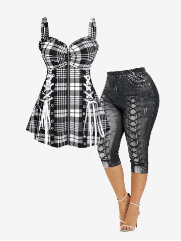 Lace Up Plaid Full Zipper Tank Top and 3D Lace Up Jean Cropped Leggings Plus Size Summer Outfit - BLACK