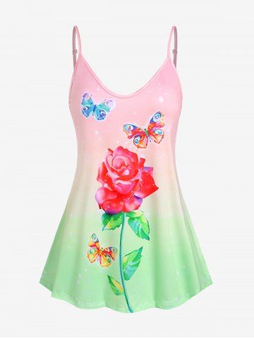 Plus Size & Curve Rose Butterfly Ombre Tank Top