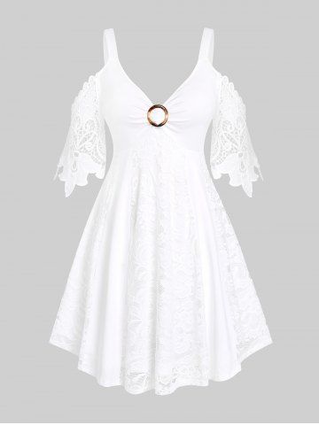 Plus Size & Curve Solid Lace Panel Cold Shoulder A Line Dress - WHITE - S | US 8