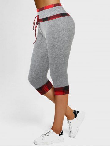 High Rise Plaid Skinny Capri Pants - DARK GRAY - XXL