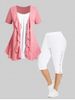 Front Tie Ruffled 2 In 1 Tee and Capri Pants Plus Size Summer Outfit -  