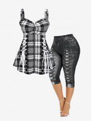 Lace Up Plaid Full Zipper Tank Top and 3D Lace Up Jean Cropped Leggings Plus Size Summer Outfit -  