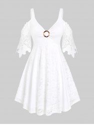Plus Size & Curve Solid Lace Panel Cold Shoulder A Line Dress -  