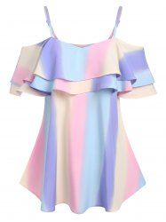 T-shirt en Couleur Ombrée à Epaule Dénudée à Volants - Pourpre  M