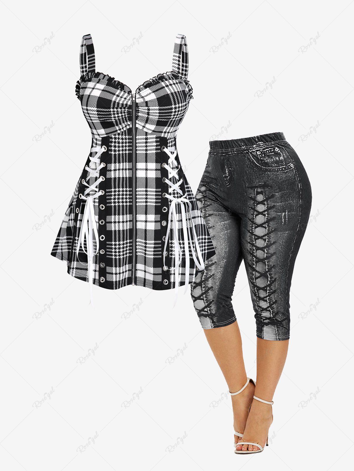 Fashion Lace Up Plaid Full Zipper Tank Top and 3D Lace Up Jean Cropped Leggings Plus Size Summer Outfit  
