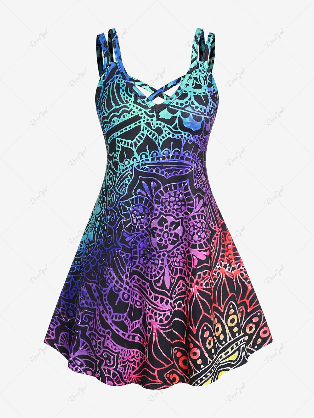 Online Plus Size & Curve Ethnic Printed Colorblock Crisscross A Line Sleeveless Dress  