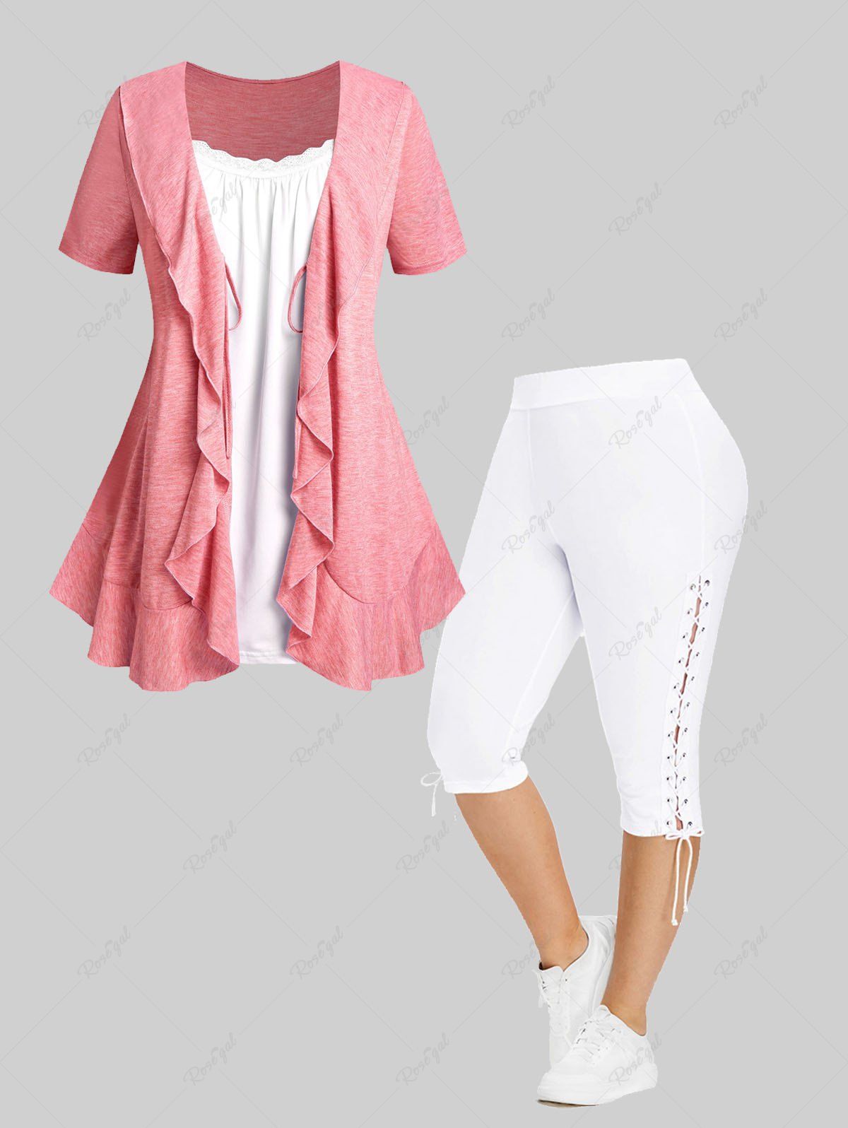 Chic Front Tie Ruffled 2 In 1 Tee and Capri Pants Plus Size Summer Outfit  