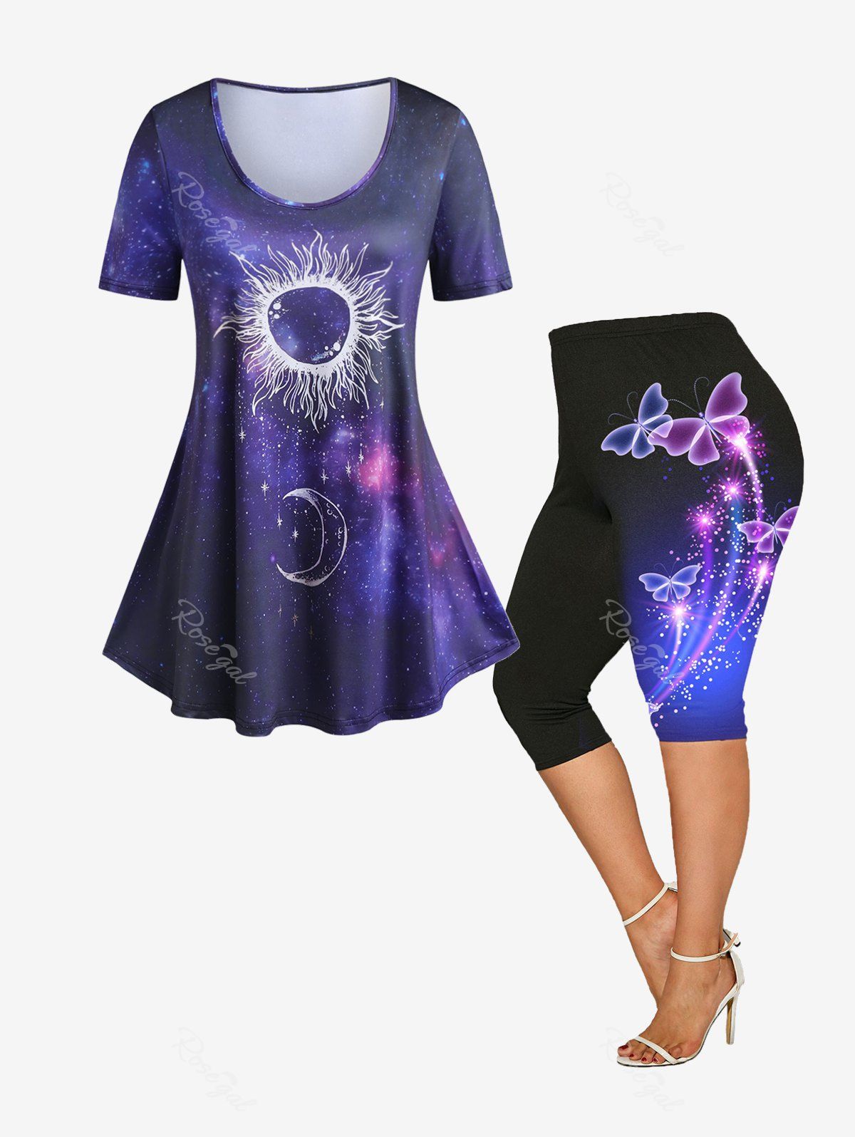 Store Galaxy Sun Moon Print Tee and Butterfly Capri Leggings Plus Size Summer Outfit  