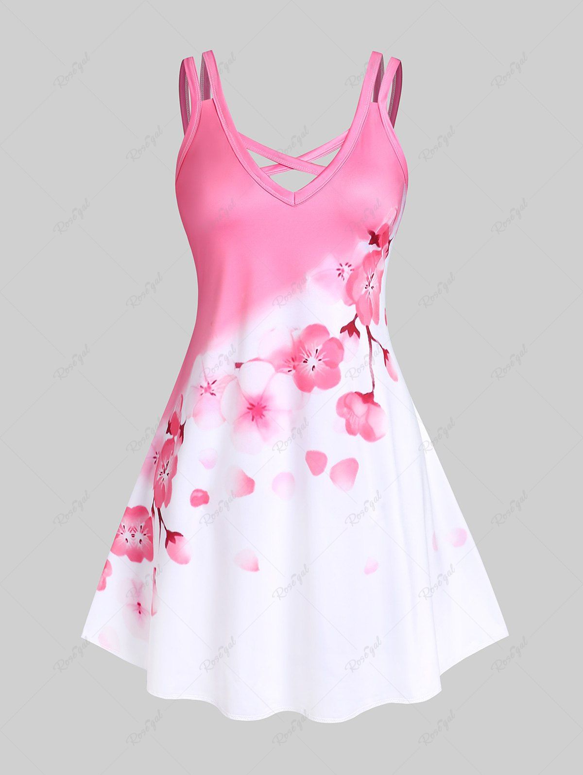 Fashion Plus Size & Curve Crisscross Sakura Blossom Print Sundress  