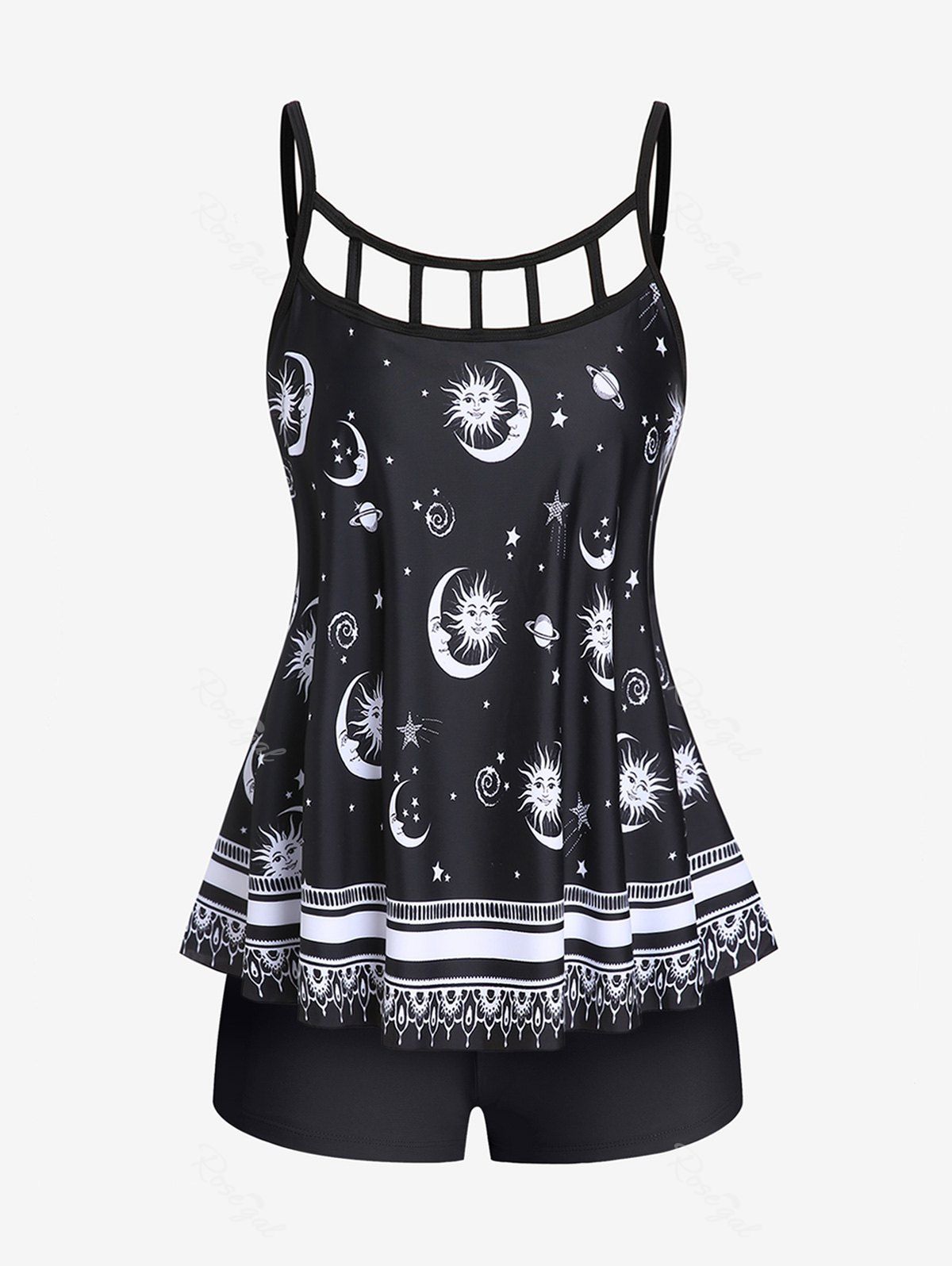 New Plus Size & Curve Cutout Sun Moon Print Boyshorts Modest Tankini Swimsuit  