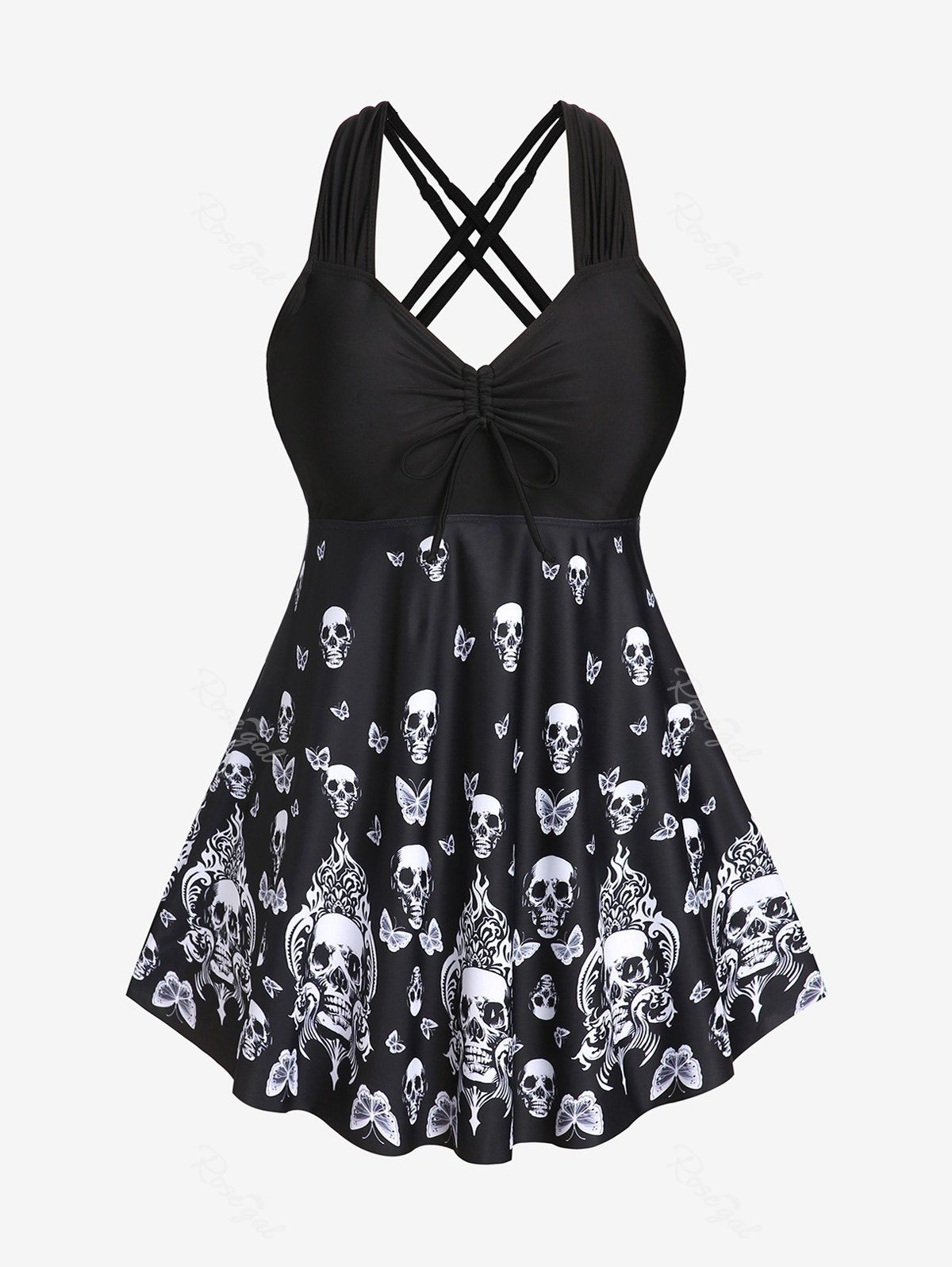 Fashion Plus Size & Curve Gothic Skull Butterfly Print Crisscross Swim Dress  