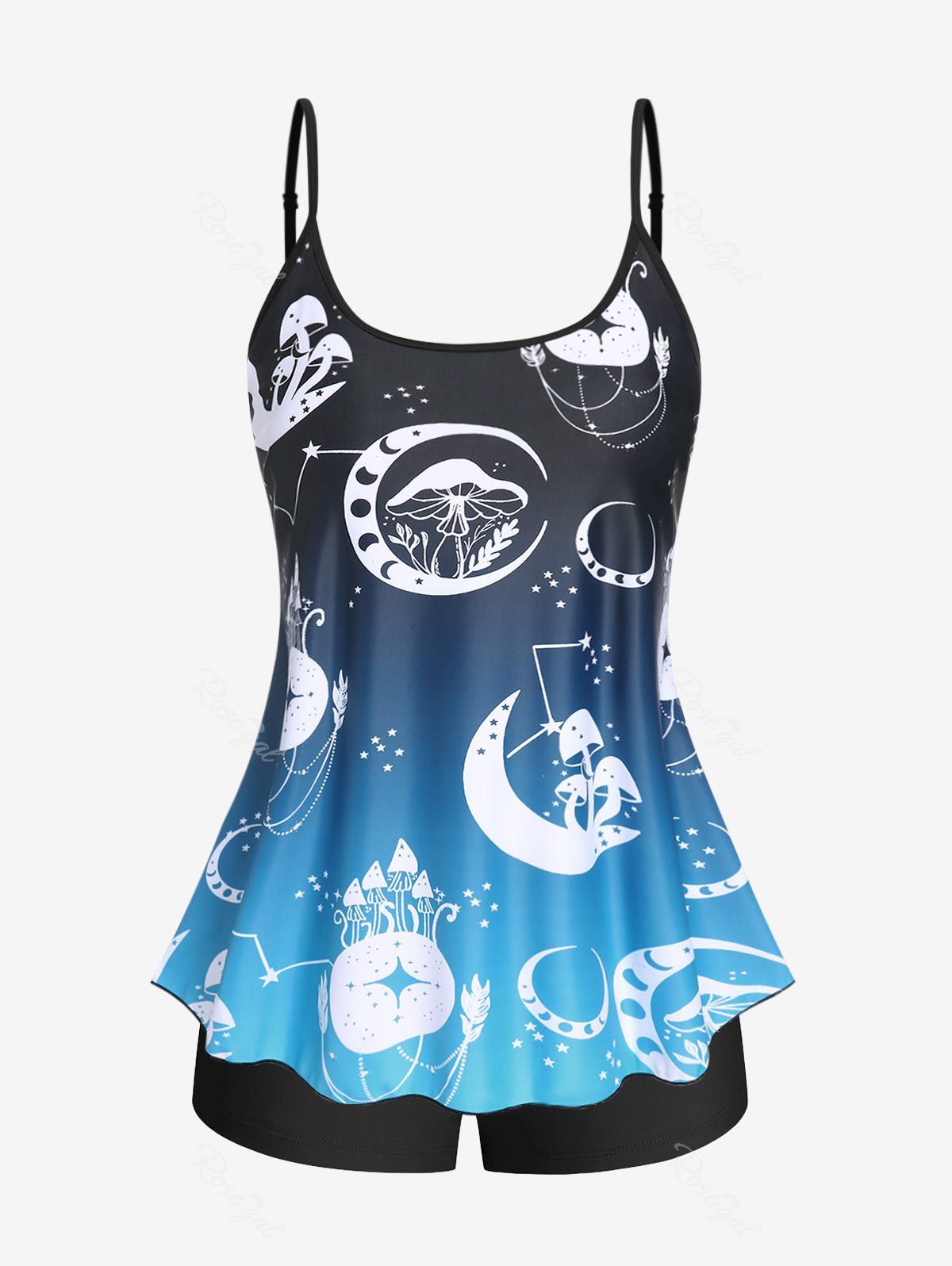 Fancy Plus Size & Curve Moon Mushroom Print Boyshorts High Waist Tankini Swimsuit  