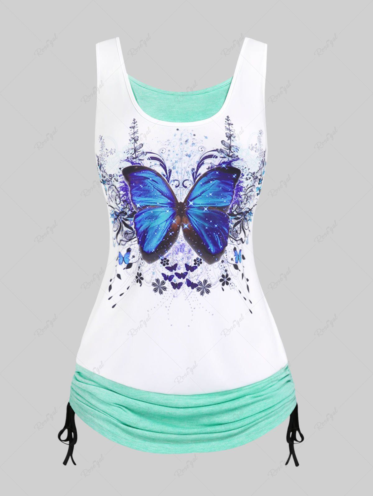 Trendy Plus Size & Curve Cinched Butterfly Print 2 in 1 Tank Top  
