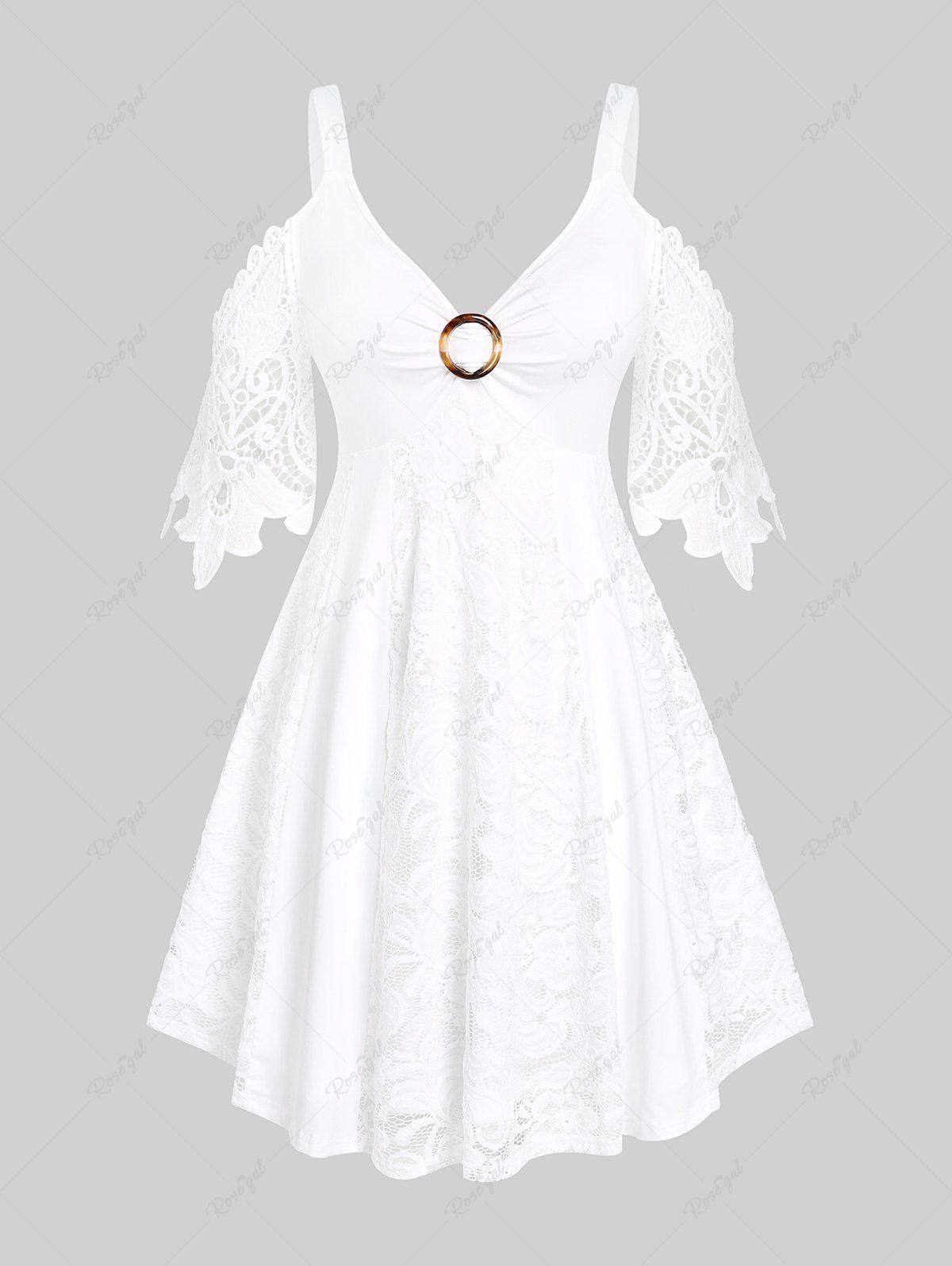Fancy Plus Size & Curve Solid Lace Panel Cold Shoulder A Line Dress  