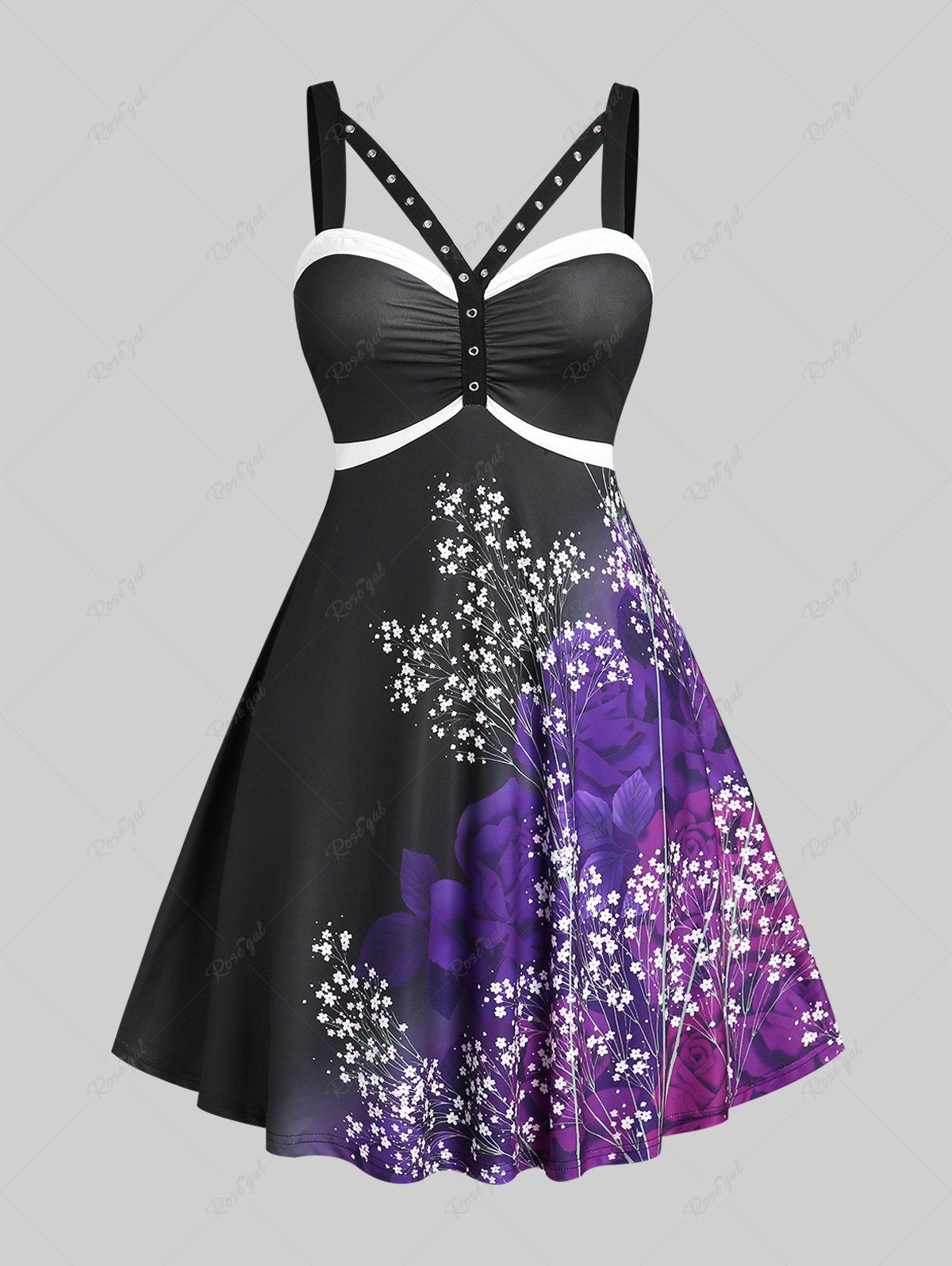 Unique Plus Size Gothic Harness Colorblock A Line Sleeveless Dress  