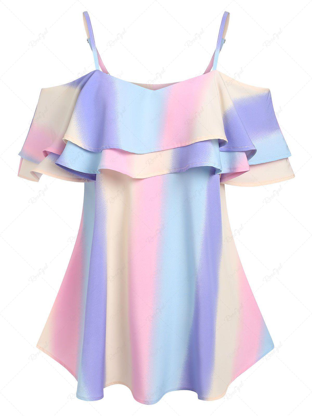 Fancy Cold Shoulders Ruffled Ombre Color Tee  