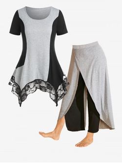 Two Tone Handkerchief T-shirt and Overlap Pants Plus Size Summer Outfit - GRAY