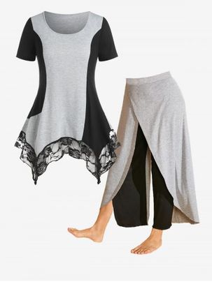 Two Tone Handkerchief T-shirt and Overlap Pants Plus Size Summer Outfit