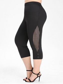 Plus Size & Curve Fishnet Crochet Panel Capri Leggings - BLACK - 1X