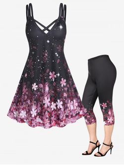Sakura Flower Crisscross A Line Dress with Leggings Plus Size Summer Outfit - BLACK