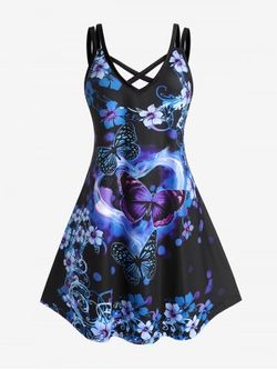 Plus Size 3D Butterfly Floral Crisscross A Line Sleeveless Dress - BLACK - 1X | US 14-16