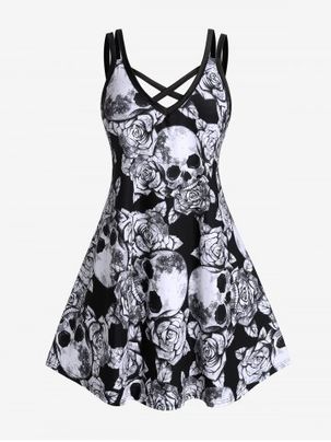 Plus Size & Curve Skull Rose Print Crisscross Gothic Dress