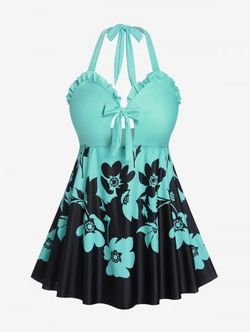 Plus Size Ruffles Floral Bowkont Padded Two Tone Halter Tankini Swimsuit - BLUE - 1X