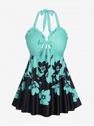 Plus Size Ruffles Floral Bowkont Padded Two Tone Halter Tankini Swimsuit