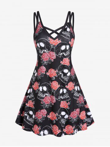 Plus Size Gothic Rose Skulls Crisscross Sleeveless A Line Dress - BLACK - 1X | US 14-16