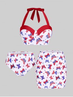 Plus Size & Curve Underwire American Flag Butterfly Print Patriotic Three Piece Bikini Swimsuit - WHITE - 1X