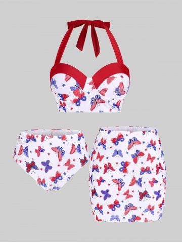 Plus Size & Curve Underwire American Flag Butterfly Print Patriotic Three Piece Bikini Swimsuit - WHITE - 2X