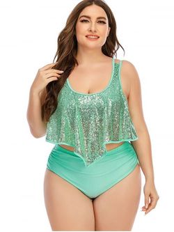 Plus Size & Curve Sequin Ruffle Overlay High Waist Tankini Swimsuit - LIGHT GREEN - 4X