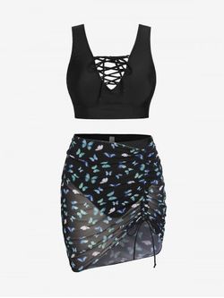 Plus Size & Curve Butterfly Lace Up High Waist Longline Three Piece Bikini Swimsuit - BLACK - L