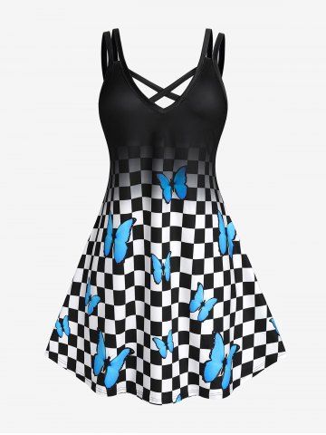 Plus Size Butterfly Checkerboard Crisscross A Line Sleeveless Dress