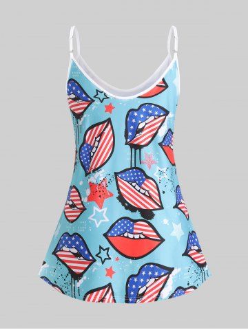 Plus Size & Curve Patriotic American Flag Lip Print Tank Top