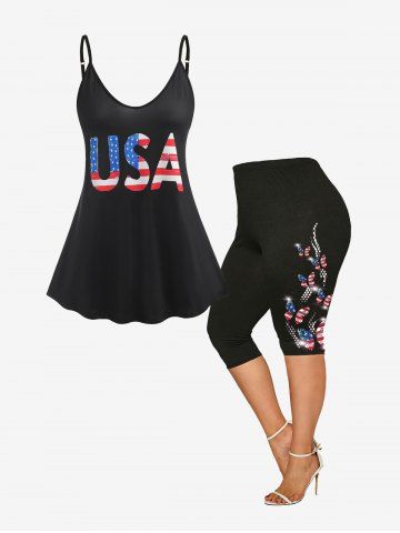 American Flag USA Print Tank Top and Butterfly American Flag Capri Leggings Plus Size Summer Outfit